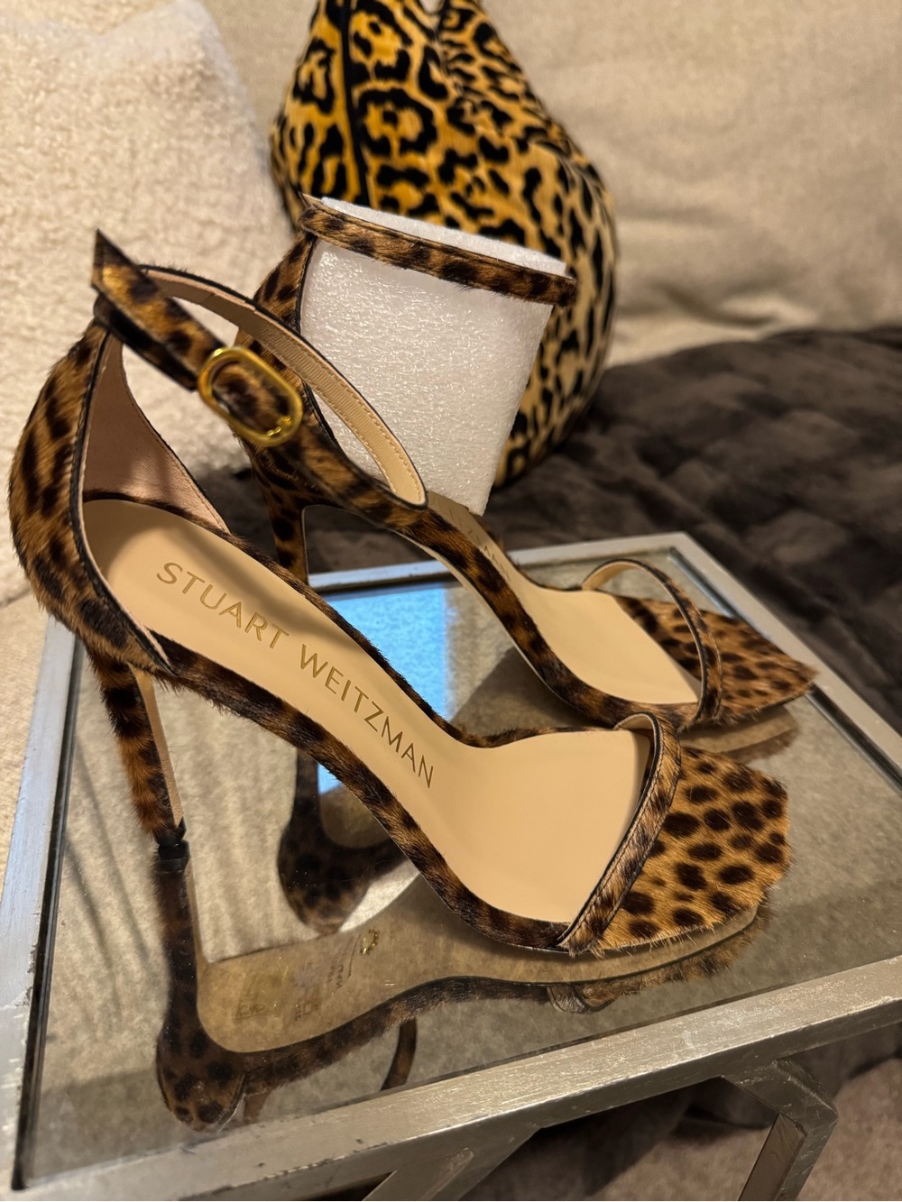 Stuart Weitzman Leopard Print Open-Toe Ankle-Strap Heels